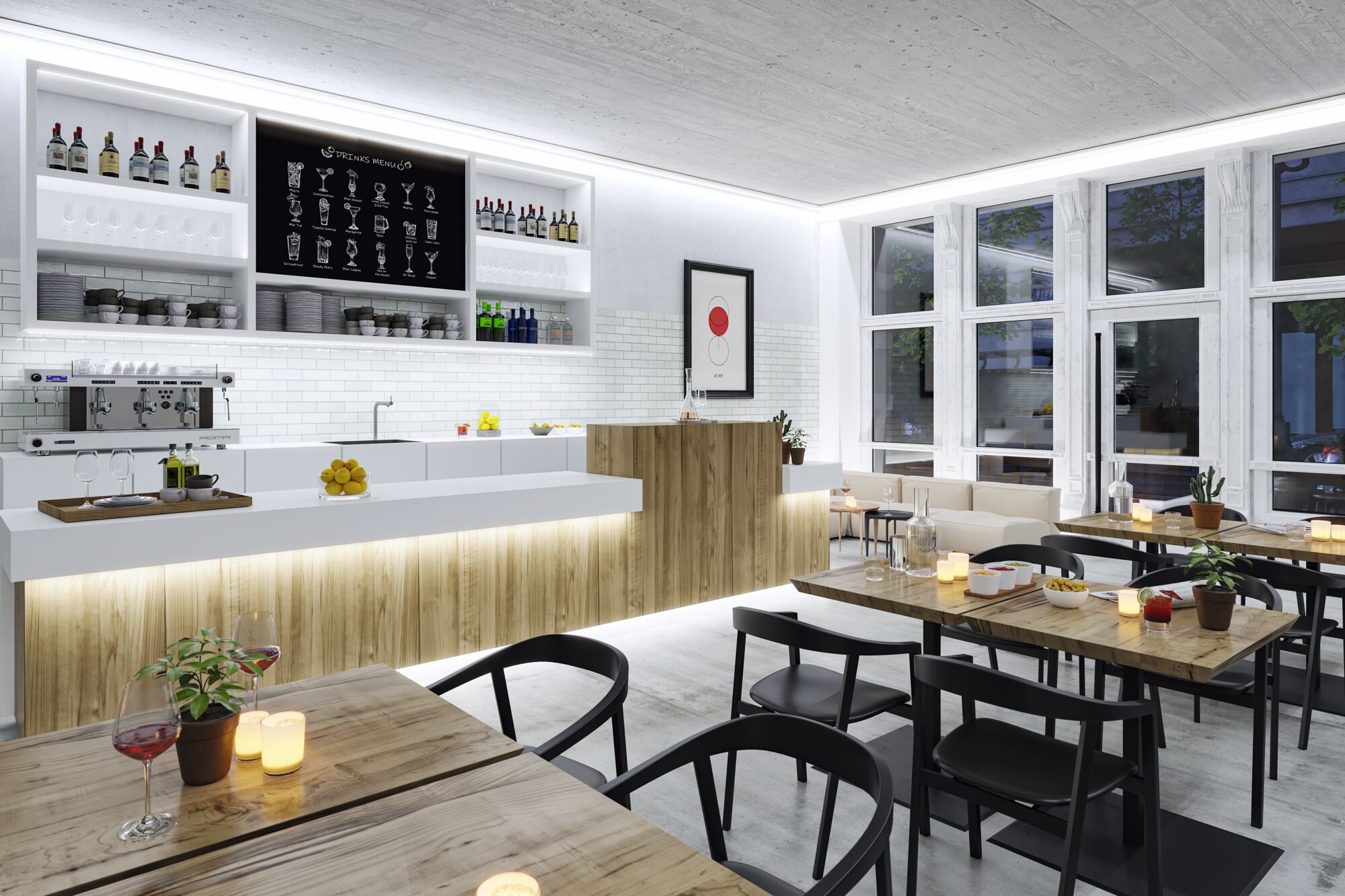 Modern café interior with wooden counter, white tiles, black chairs, and warm LED lighting for cozy ambiance