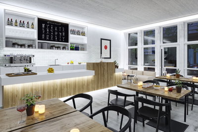 Modernes Café mit Holztheke, weißen Fliesen, schwarzen Stühlen und warmen LED-Leuchten für gemütliche Atmosphäre