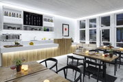 Intérieur de café moderne avec bar en bois, carrelage blanc et éclairage LED au plafond.