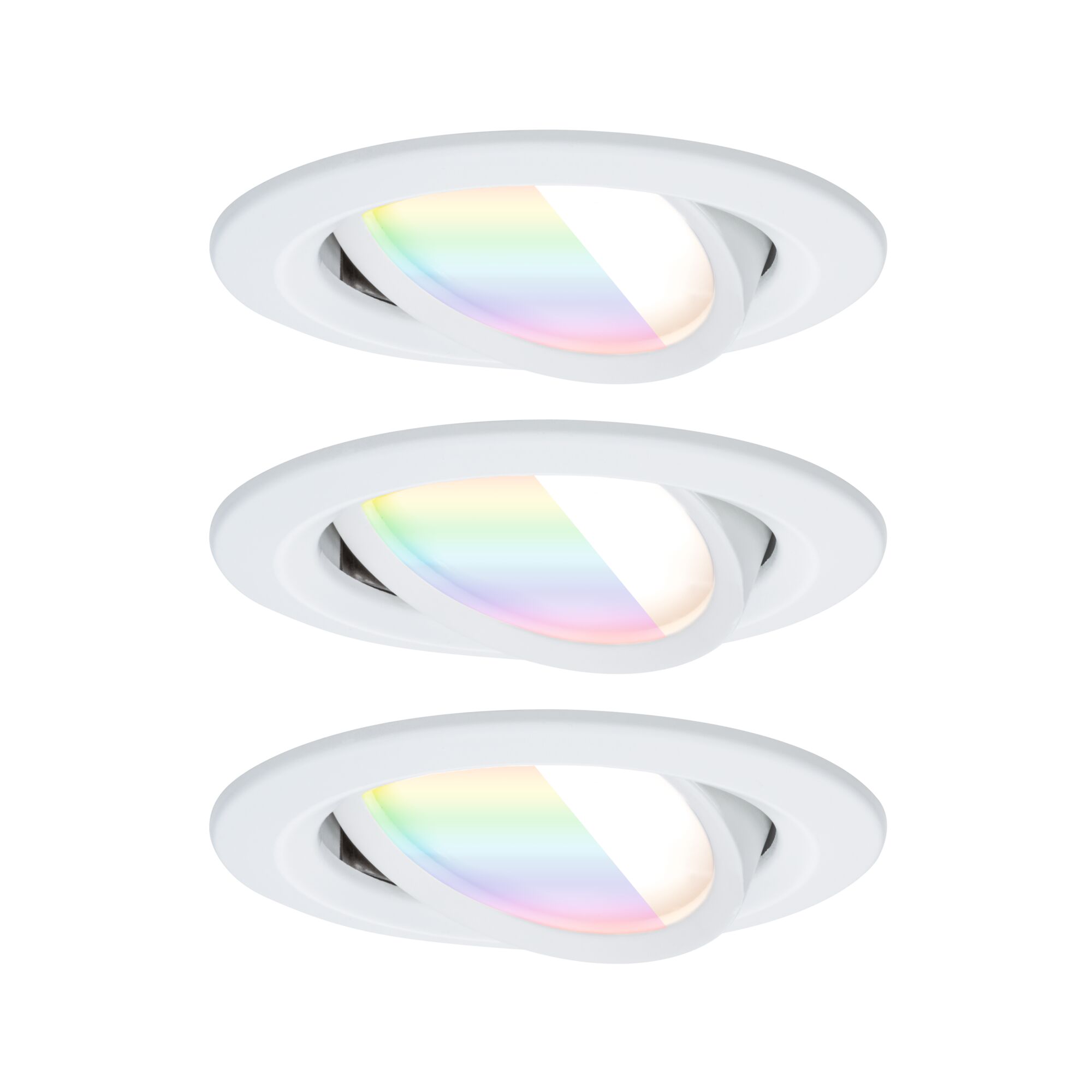 Three white LED recessed spotlights with adjustable RGB color light for modern room lighting