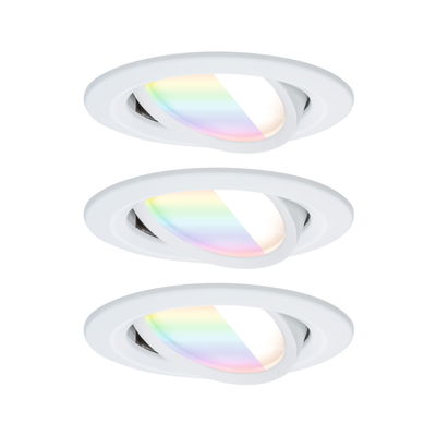 Tre hvide LED-indbygningsspots med justerbart RGB-farvelys til moderne rumbelysning