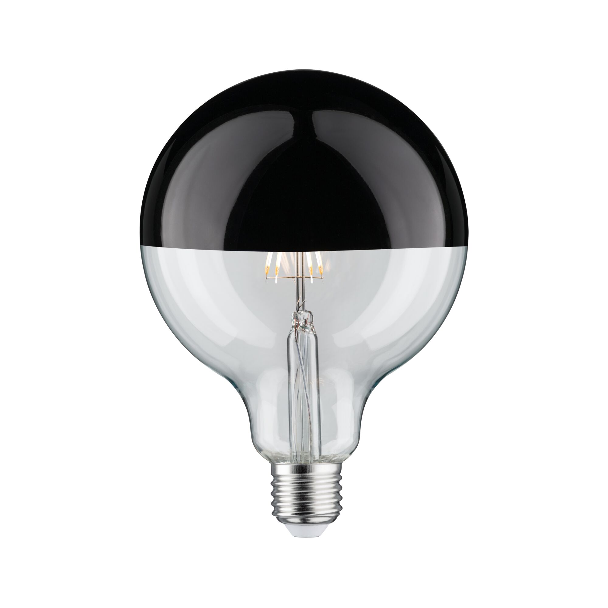 Modern Classic Edition Standard 230V LED Globe Kopfspiegel E27 G125 600lm 6,5W 2700K dimmbar Kopfspiegel Schwarzchrom Glühbirne mit schwarzer Halbspiegel-Beschichtung und klarem Glas für dekorative LED-Beleuchtung