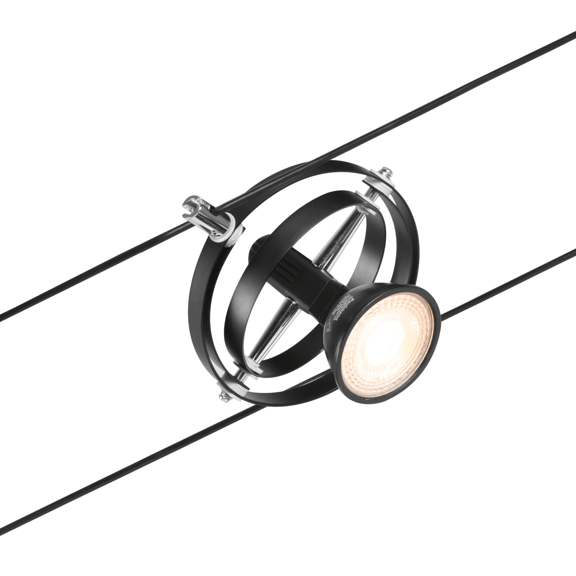 Schwarze LED-Deckenleuchte mit Metallringen und verstellbarem Spot für moderne Raumbeleuchtung