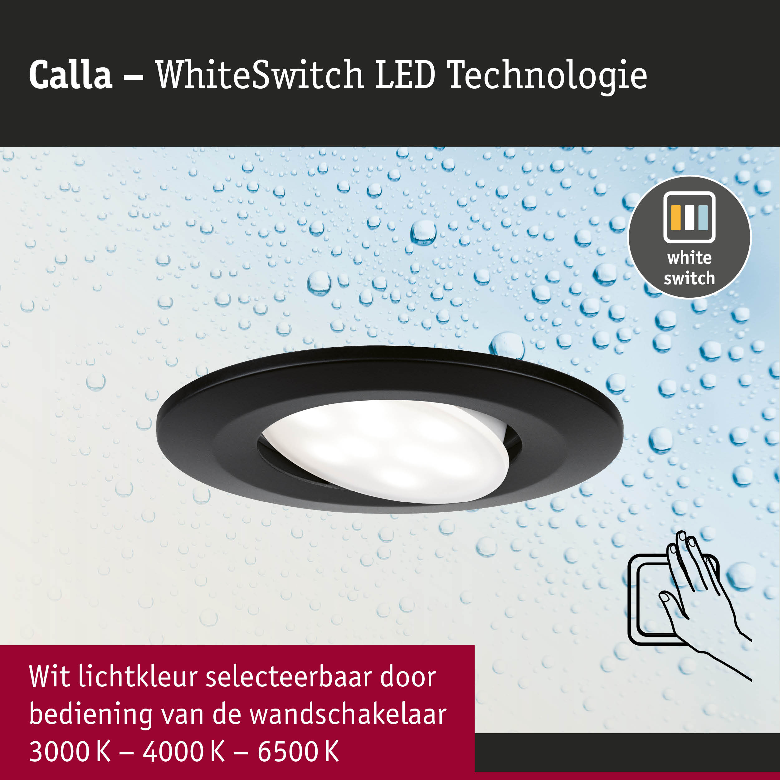 Zwarte Calla LED inbouwspot met WhiteSwitch-technologie en instelbare lichtkleur van 3000K tot 6500K