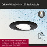 Zwarte Calla LED inbouwspot met WhiteSwitch-technologie en instelbare lichtkleur van 3000K tot 6500K