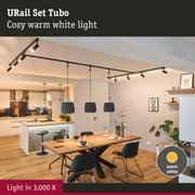 Black URail Set Tubo with warm white LED light in modern kitchen and dining area with wooden floor