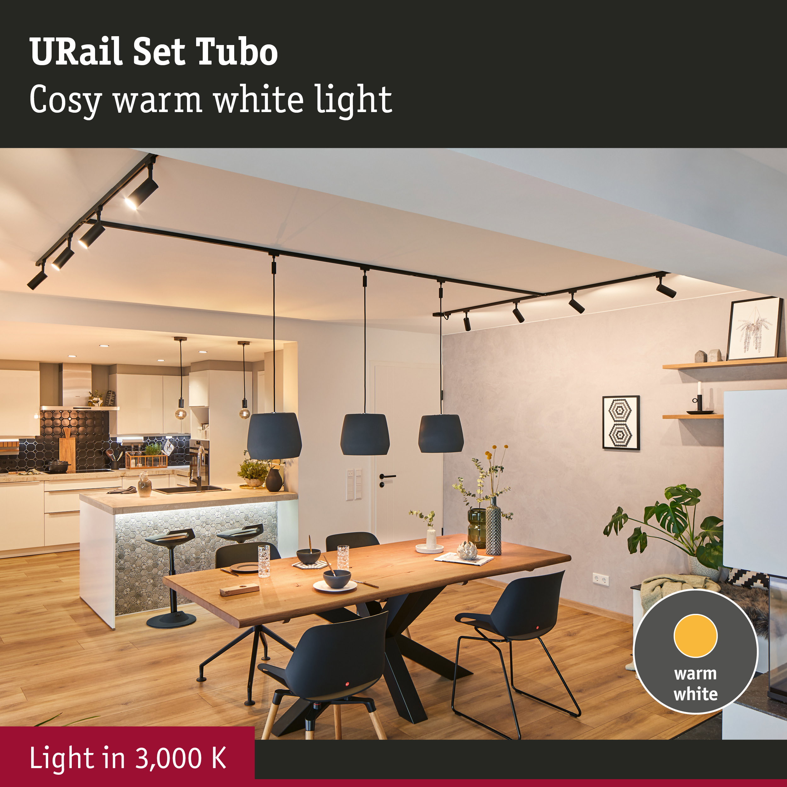 Black URail Set Tubo with warm white LED light in modern kitchen and dining area with wooden floor