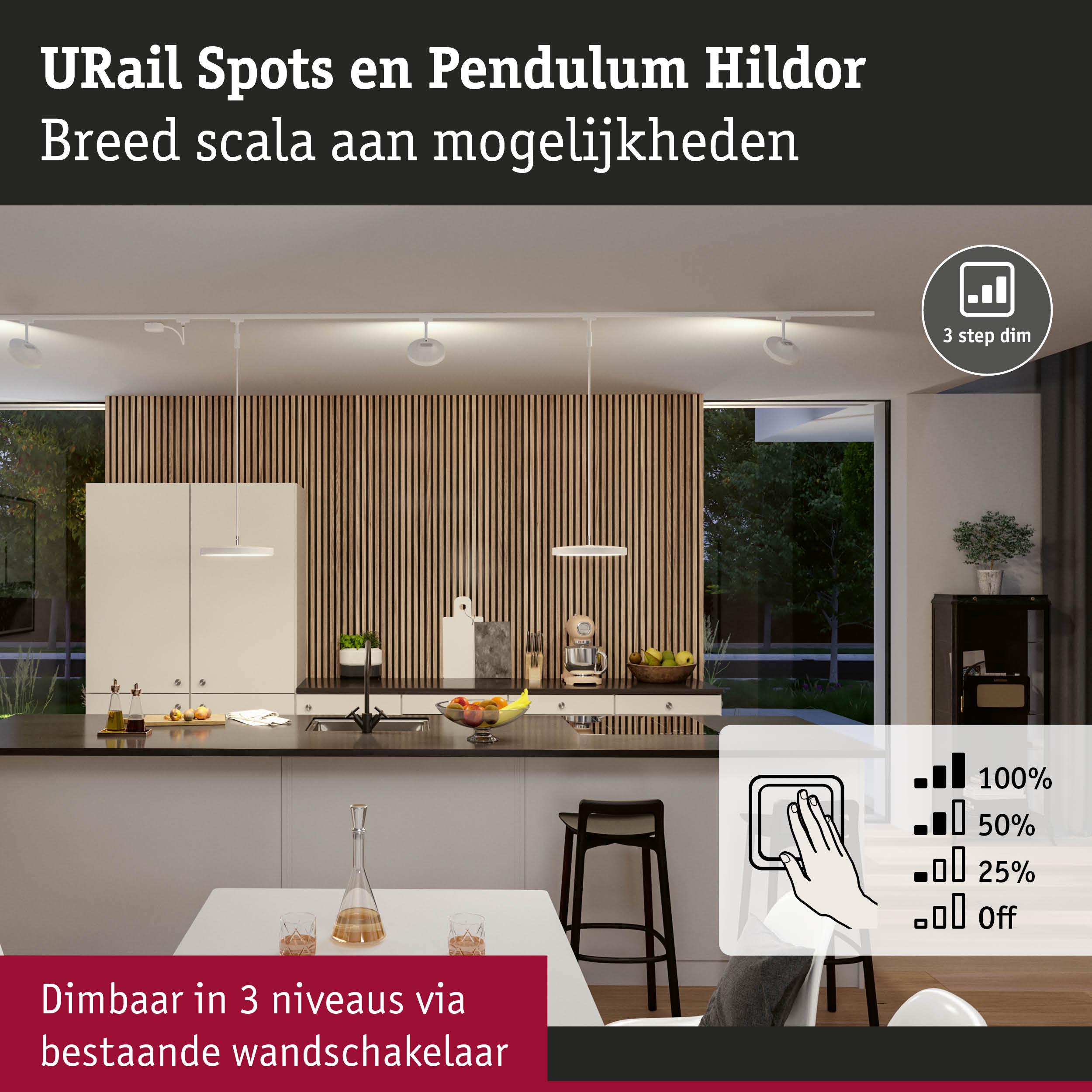Moderne witte hanglamp en spots in keuken met houten wand, dimbaar in 3 niveaus via wandschakelaar