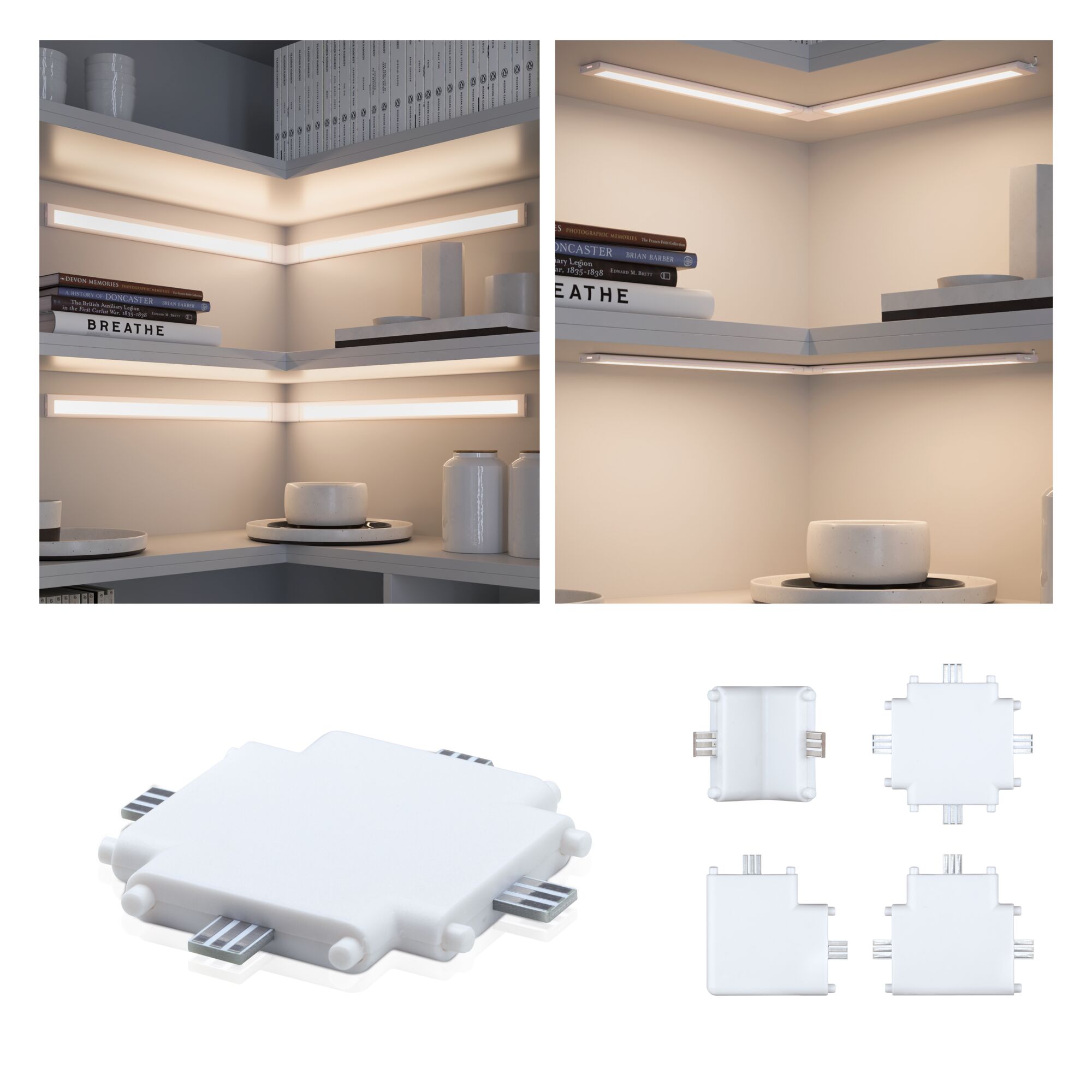 Witte kunststof LED-hoekconnectoren voor flexibele lichtstrips, ideaal voor moderne binnenverlichting.