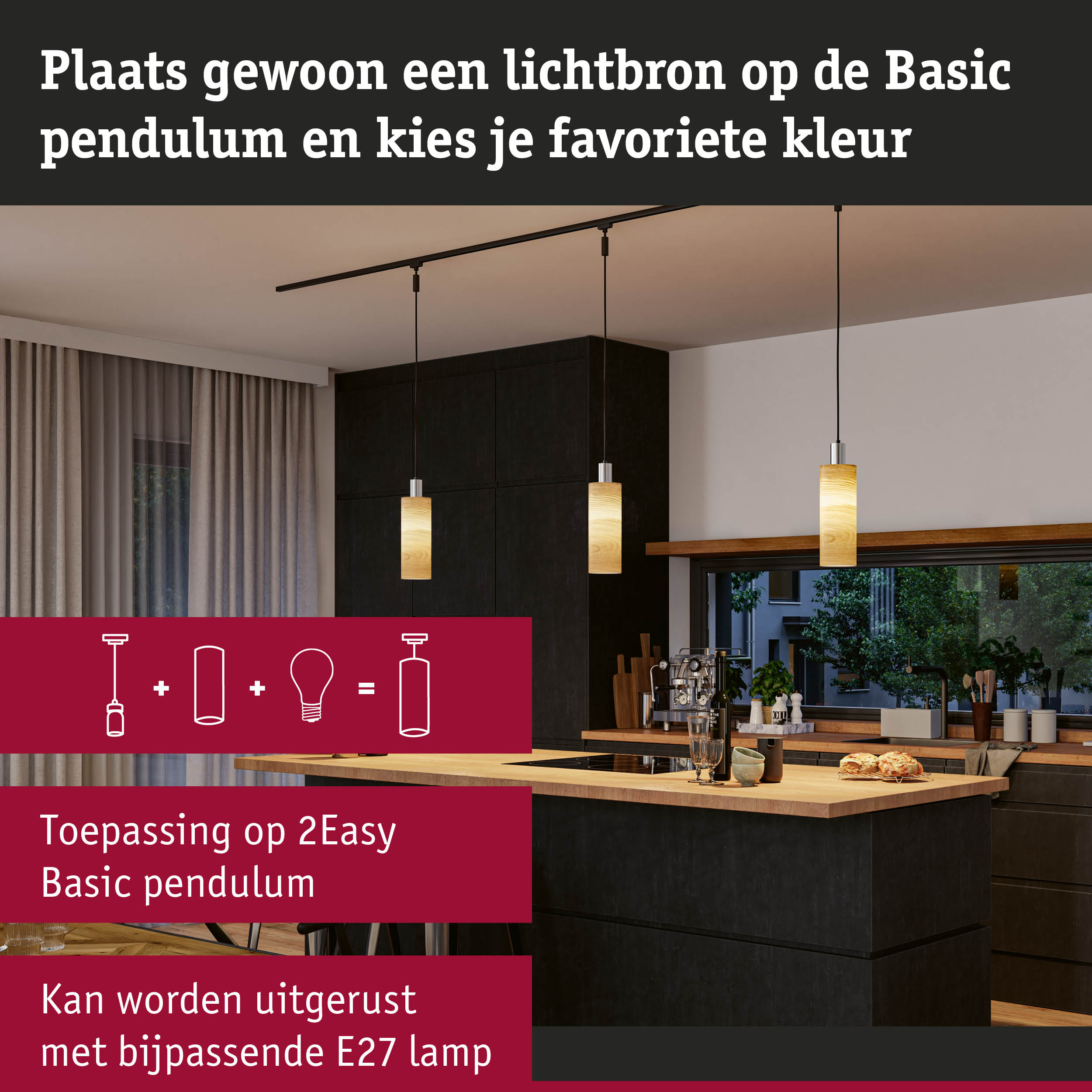 Moderne hanglampen met houtlook en zwarte kabel in stijlvolle keuken met kookeiland