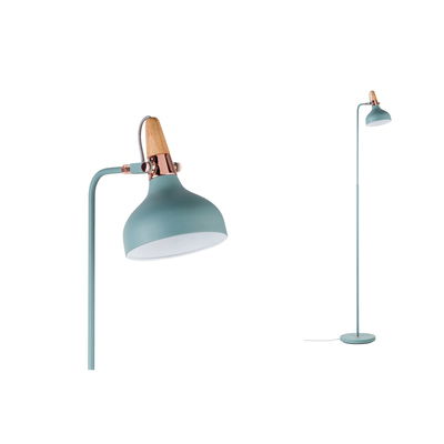 Blue-green metal floor reading lamp with wooden handle and copper accents for living room lighting
