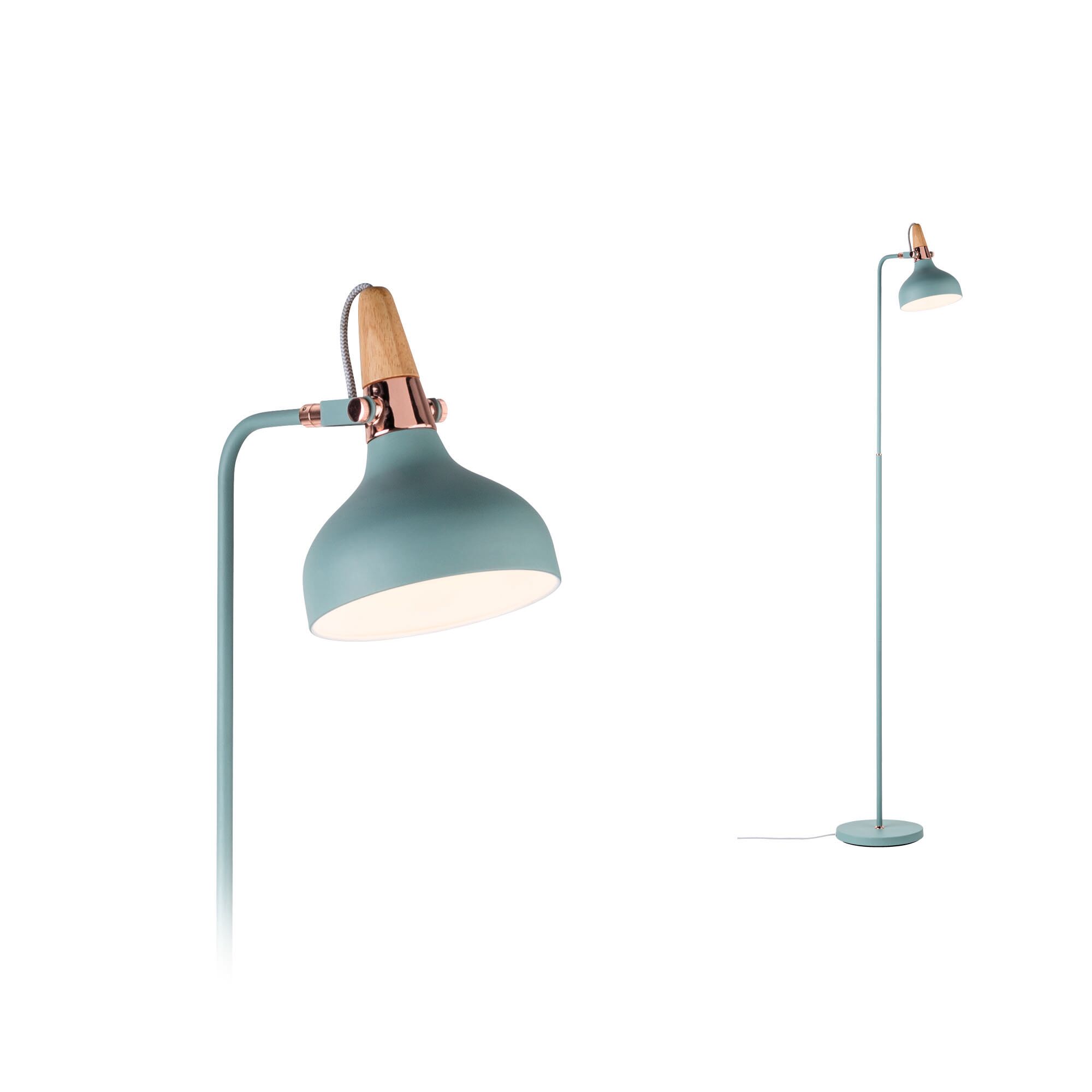Floor luminaire Juna E14 max. 20W Soft green/Copper/Wood Metal/Wood Blue-green metal floor reading lamp with wooden handle and copper accents for living room lighting