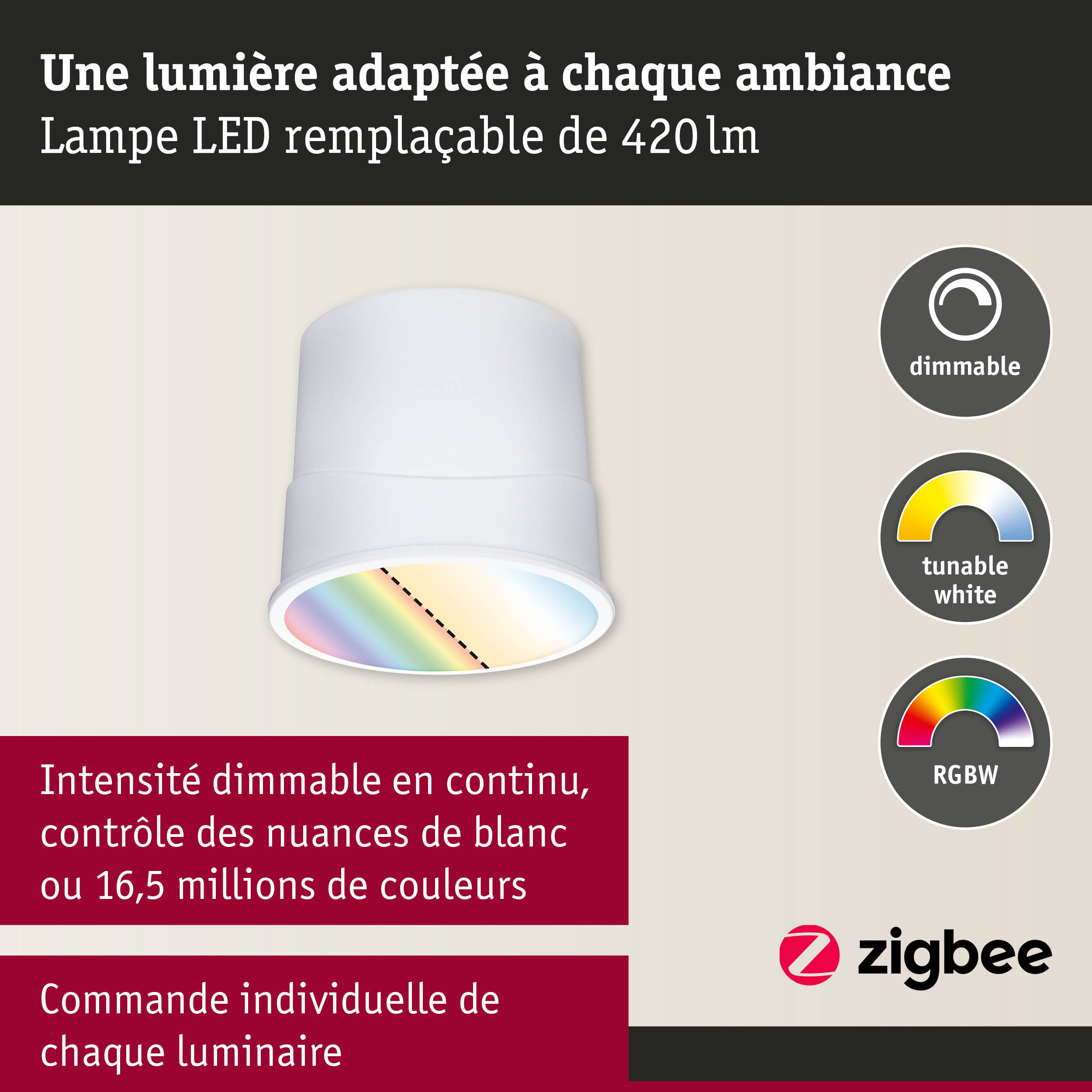 Spot LED blanc avec intensité dimmable, blanc réglable et contrôle couleur RGBW