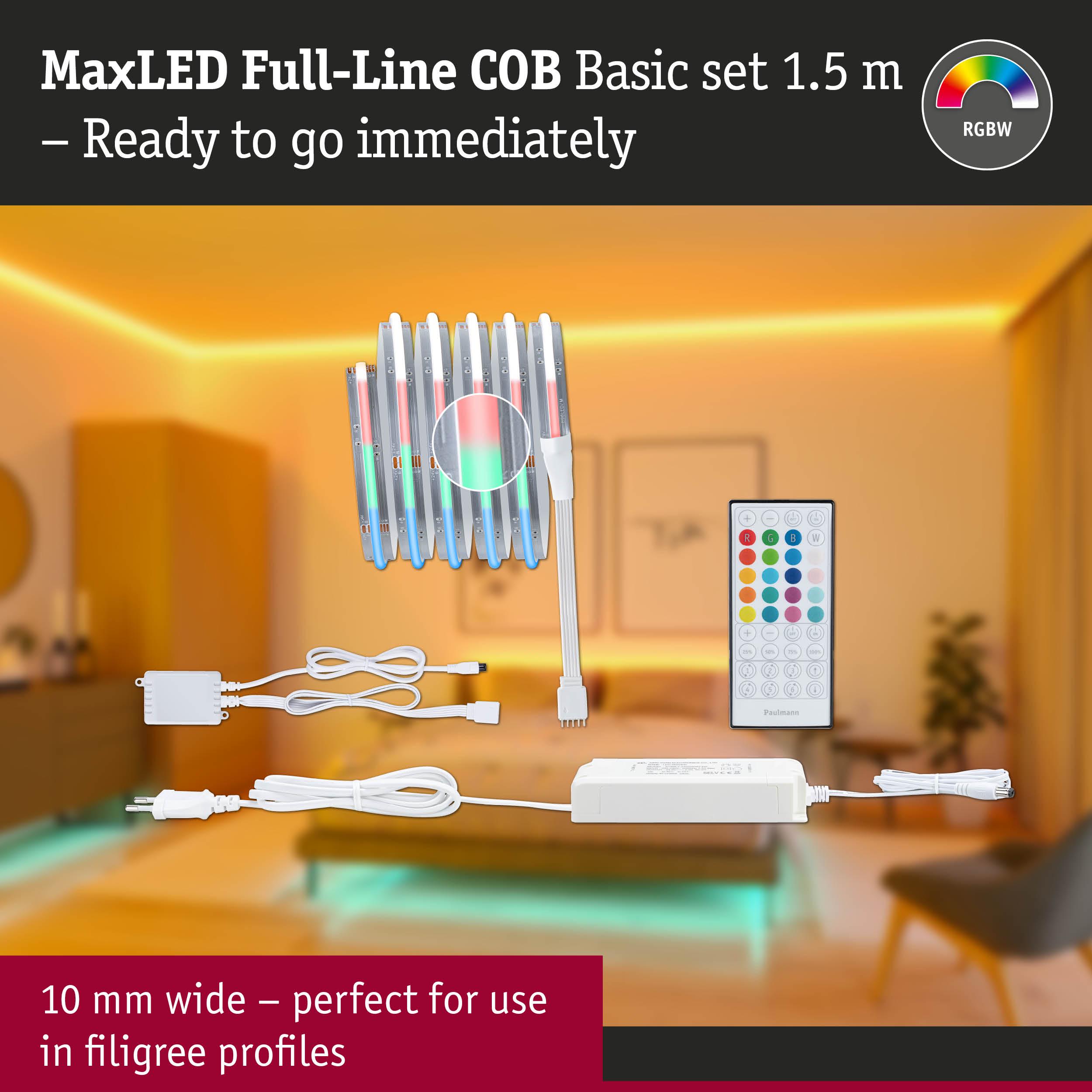MaxLED Full-Line COB LED strip 1.5 m with remote, RGBW, 10 mm wide ideal for delicate profiles lighting