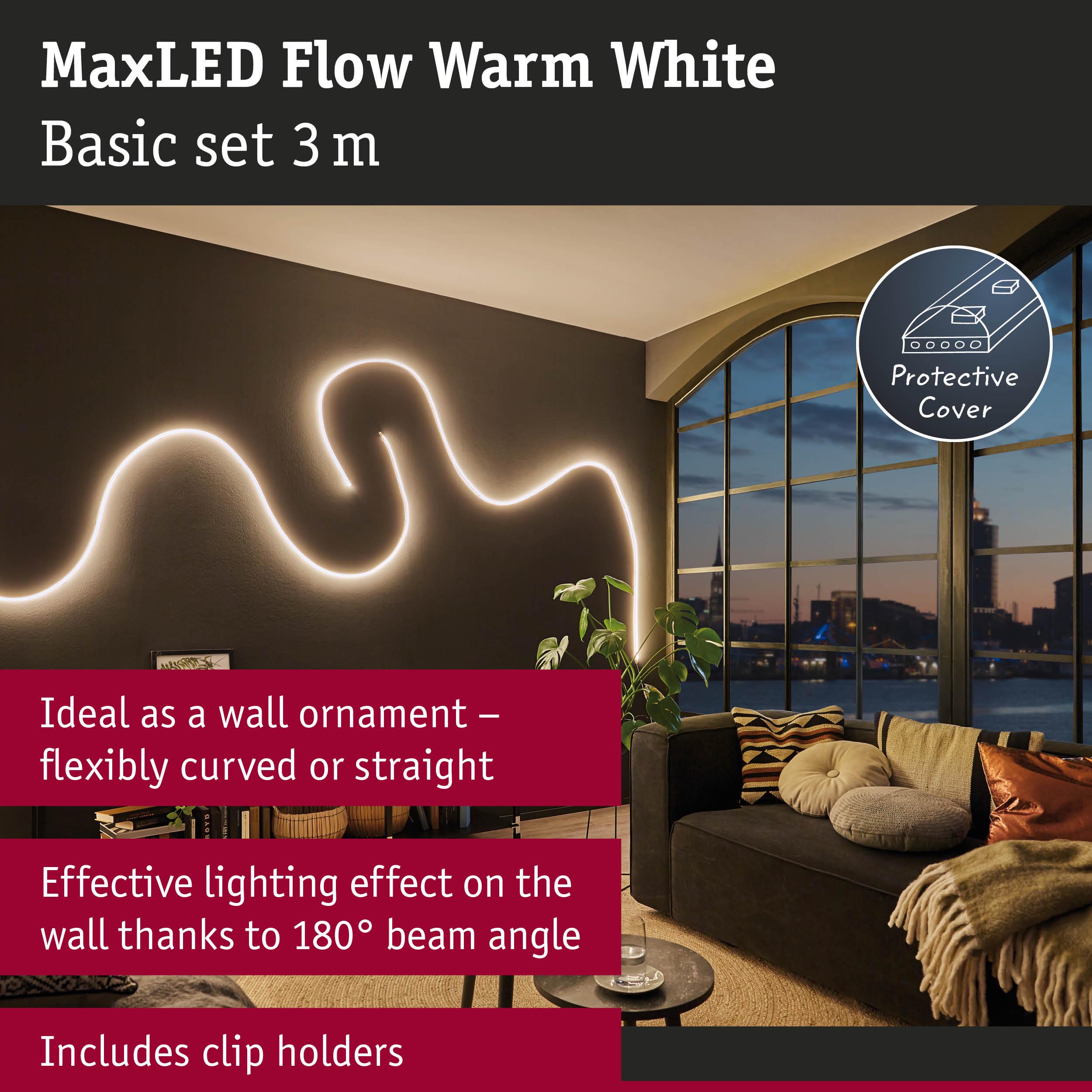 MaxLED Flow Warm White 3m LED light strip with flexible curve and 180° beam angle for wall decoration
