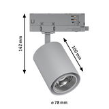 Spot LED gris en métal de 78 mm de diamètre et 142 mm de hauteur pour systèmes sur rail.