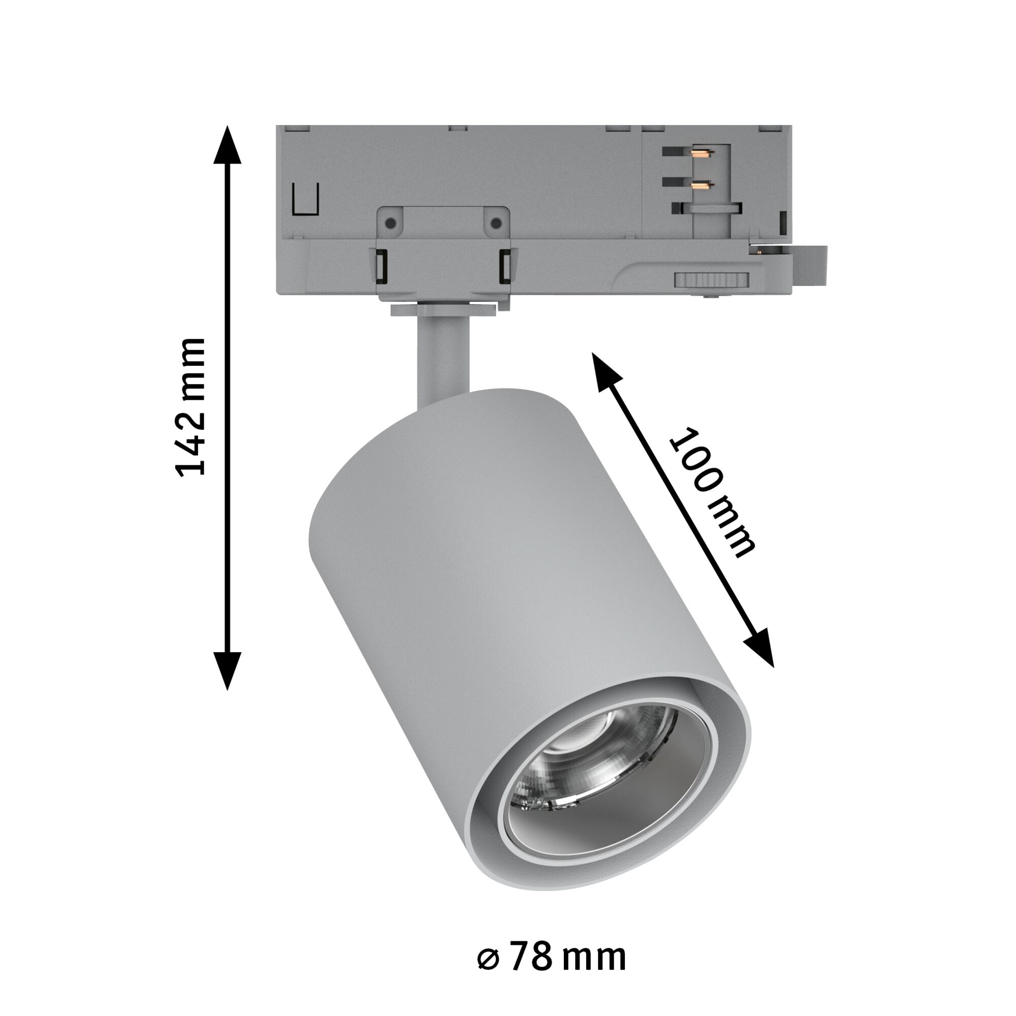 Gray metal LED spotlight with 78 mm diameter and 142 mm height for track lighting systems.