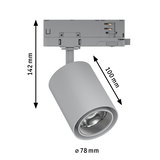 Gray metal LED spotlight with 78 mm diameter and 142 mm height for track lighting systems.