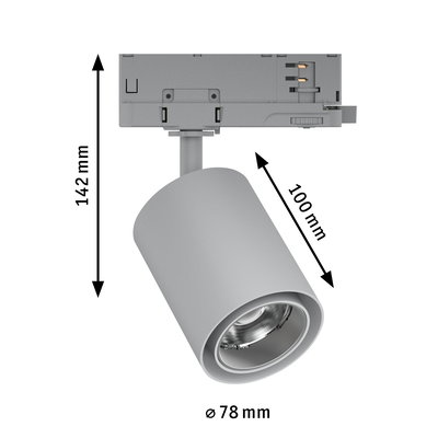 Gray metal LED spotlight with 78 mm diameter and 142 mm height for track lighting systems.