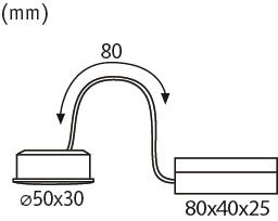 Technische Zeichnung eines flexiblen LED-Leselichts mit Maßen 80x40x25 mm in Weiß.