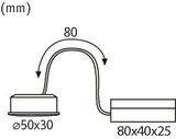 Teknisk tegning af fleksibel hvid LED-læselampe på 80x40x25 mm.