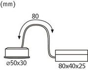 Teknisk tegning af fleksibel hvid LED-læselampe på 80x40x25 mm.