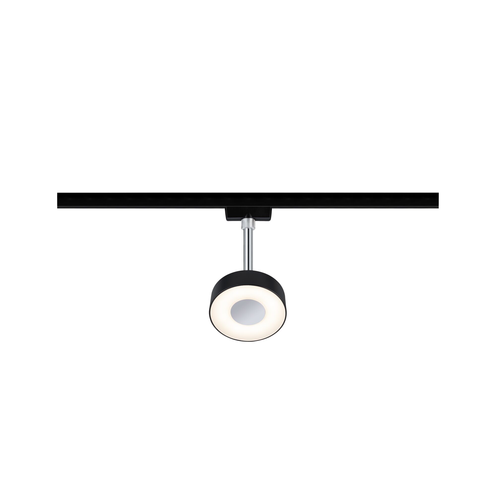 Spot LED noir sur rail avec tête ronde et lumière blanc chaud pour éclairage intérieur moderne.