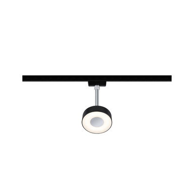 Spot LED noir sur rail avec tête ronde et lumière blanc chaud pour éclairage intérieur moderne.