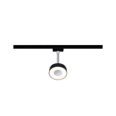 Zwarte LED-railspot met ronde kop en warm wit licht voor moderne binnenverlichting.