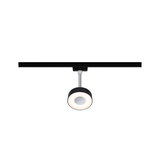 Black LED track light with round head and warm white light for modern interior lighting solutions.