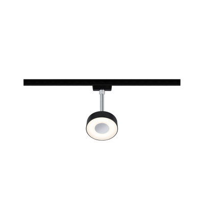Schwarze LED-Schienenleuchte mit rundem Leuchtkopf und warmweißem Licht für moderne Innenräume.