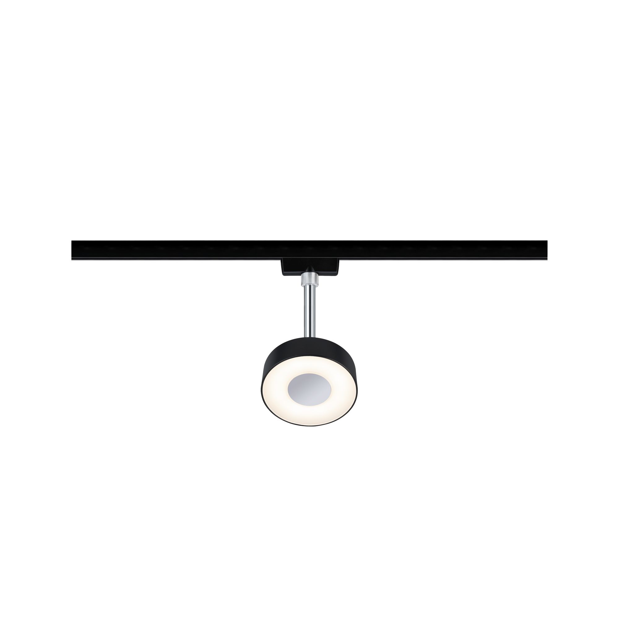Schwarze LED-Schienenleuchte mit rundem Leuchtkopf und warmweißem Licht für moderne Innenräume.
