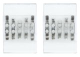 Two transparent LED connectors with visible metal contacts for lighting installations