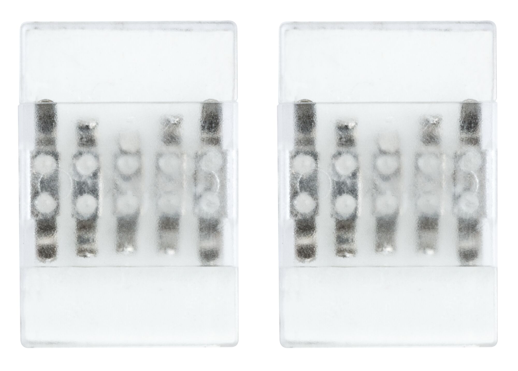 Two transparent LED connectors with visible metal contacts for lighting installations