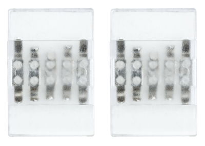 Deux connecteurs LED transparents avec contacts métalliques visibles pour installations lumineuses