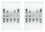 Deux connecteurs LED transparents avec contacts métalliques visibles pour bandes lumineuses
