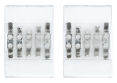 Deux connecteurs LED transparents avec contacts métalliques visibles pour bandes lumineuses