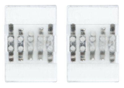 Deux connecteurs LED transparents avec contacts métalliques visibles pour bandes lumineuses
