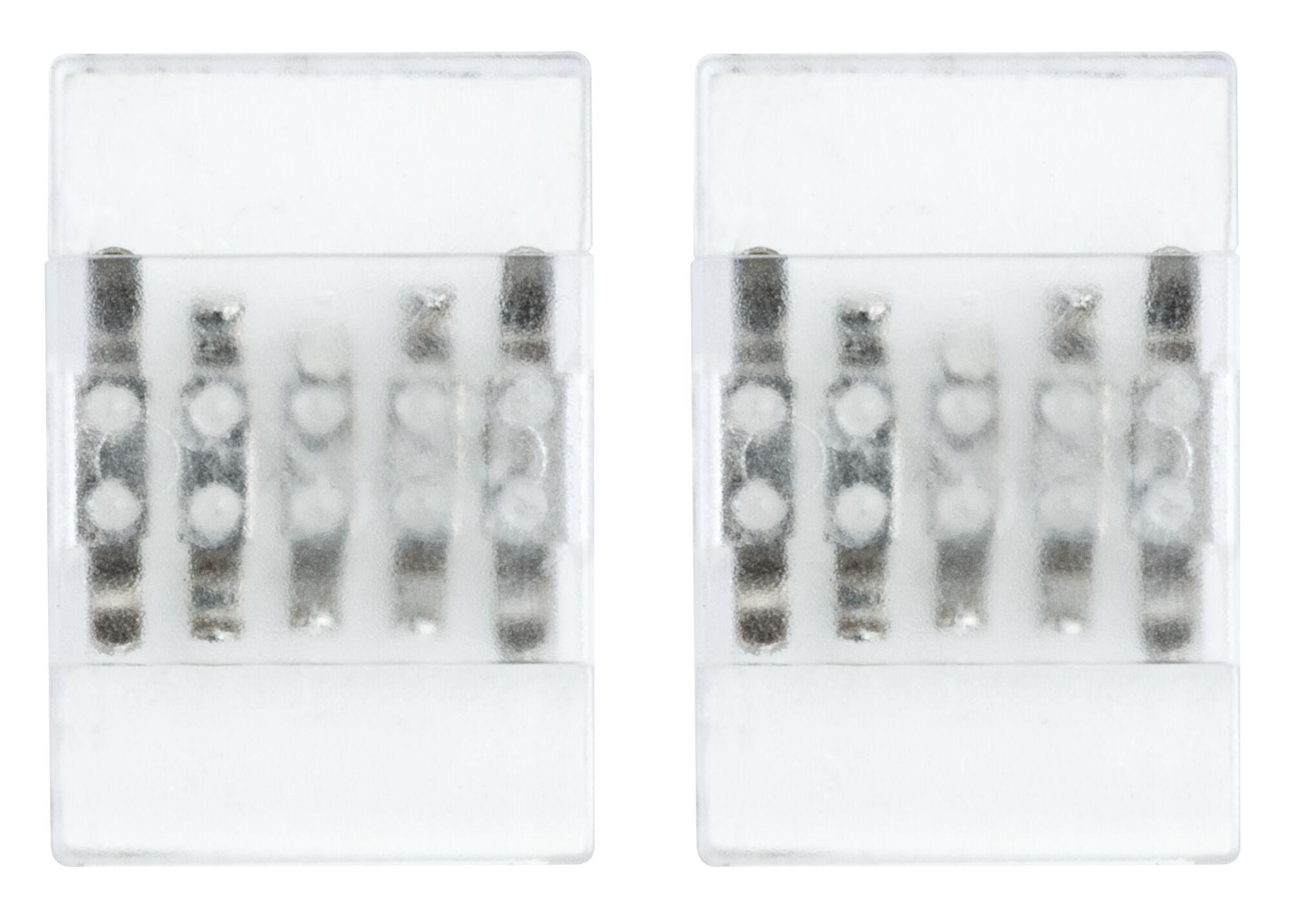 Deux connecteurs LED transparents avec contacts métalliques visibles pour bandes lumineuses