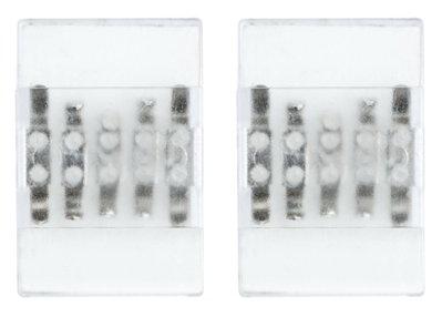 Deux connecteurs LED transparents avec contacts métalliques visibles pour bandes lumineuses