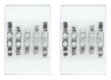 Two transparent LED connector clips with visible metal contacts for light strip connection