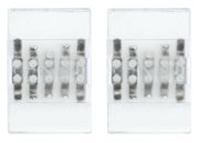 Two transparent LED connector clips with visible metal contacts for light strip connection