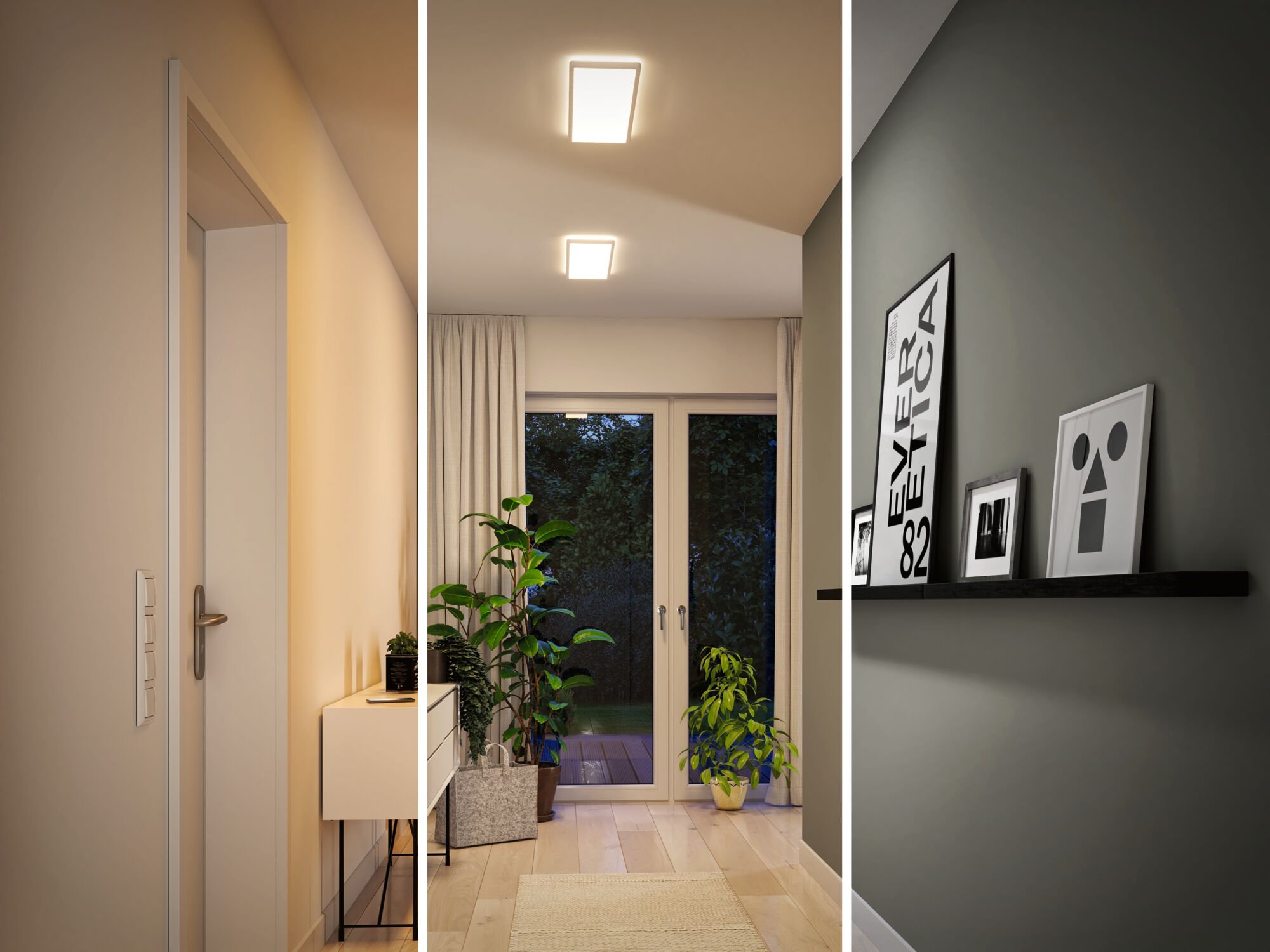 Modernes Wohnzimmer mit rechteckiger LED-Deckenleuchte in warmweißem Licht und minimalistischer Einrichtung