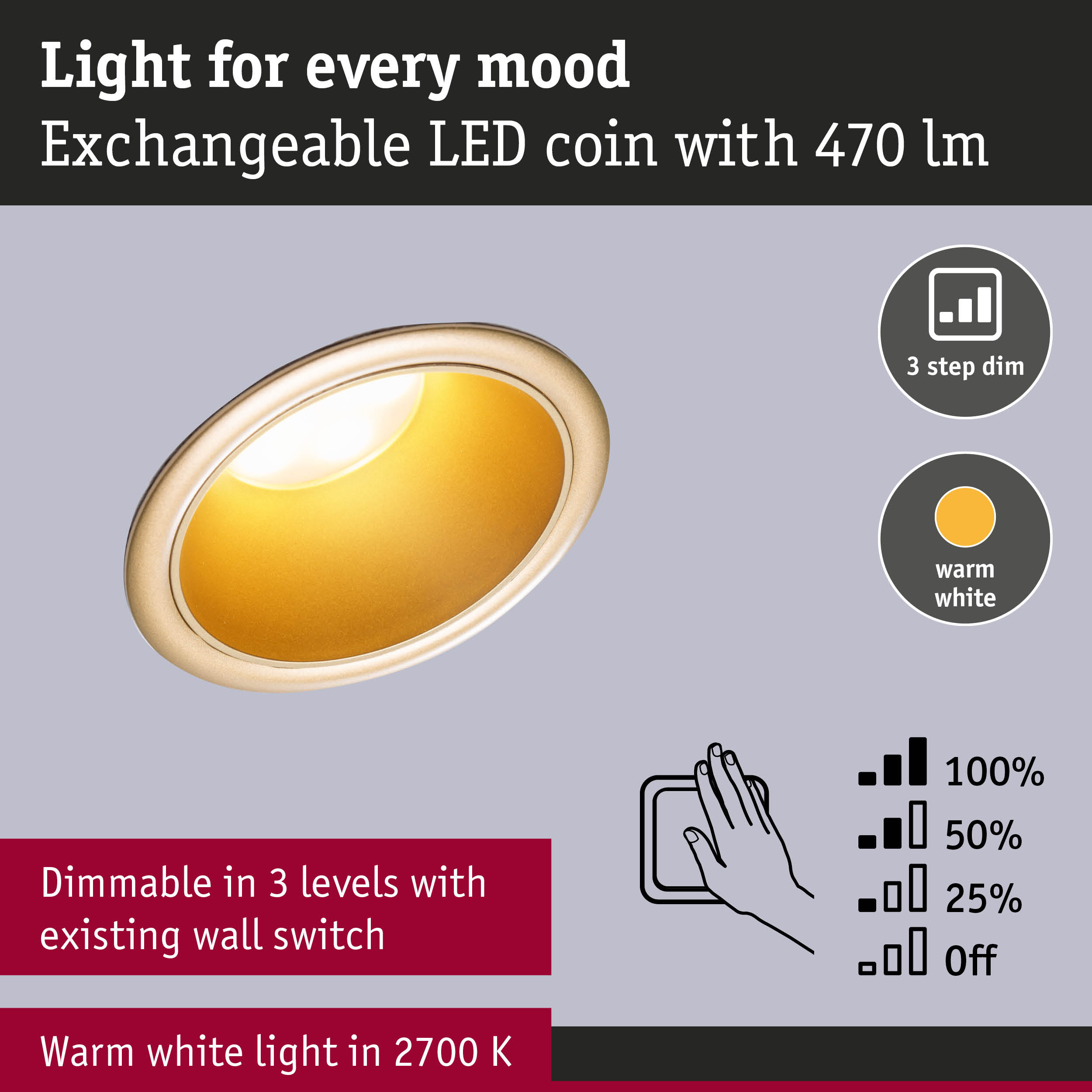 Recessed LED spotlight with exchangeable LED module, warm white light, dimmable via wall switch