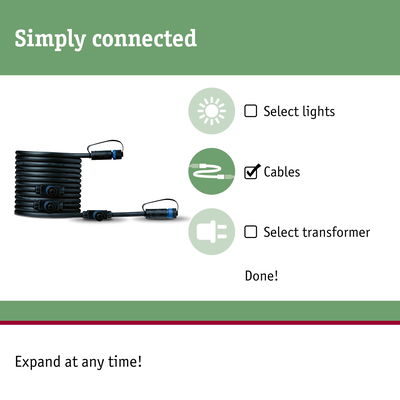 Black connection cable with connectors shown alongside options to select lights, cables, or transformer
