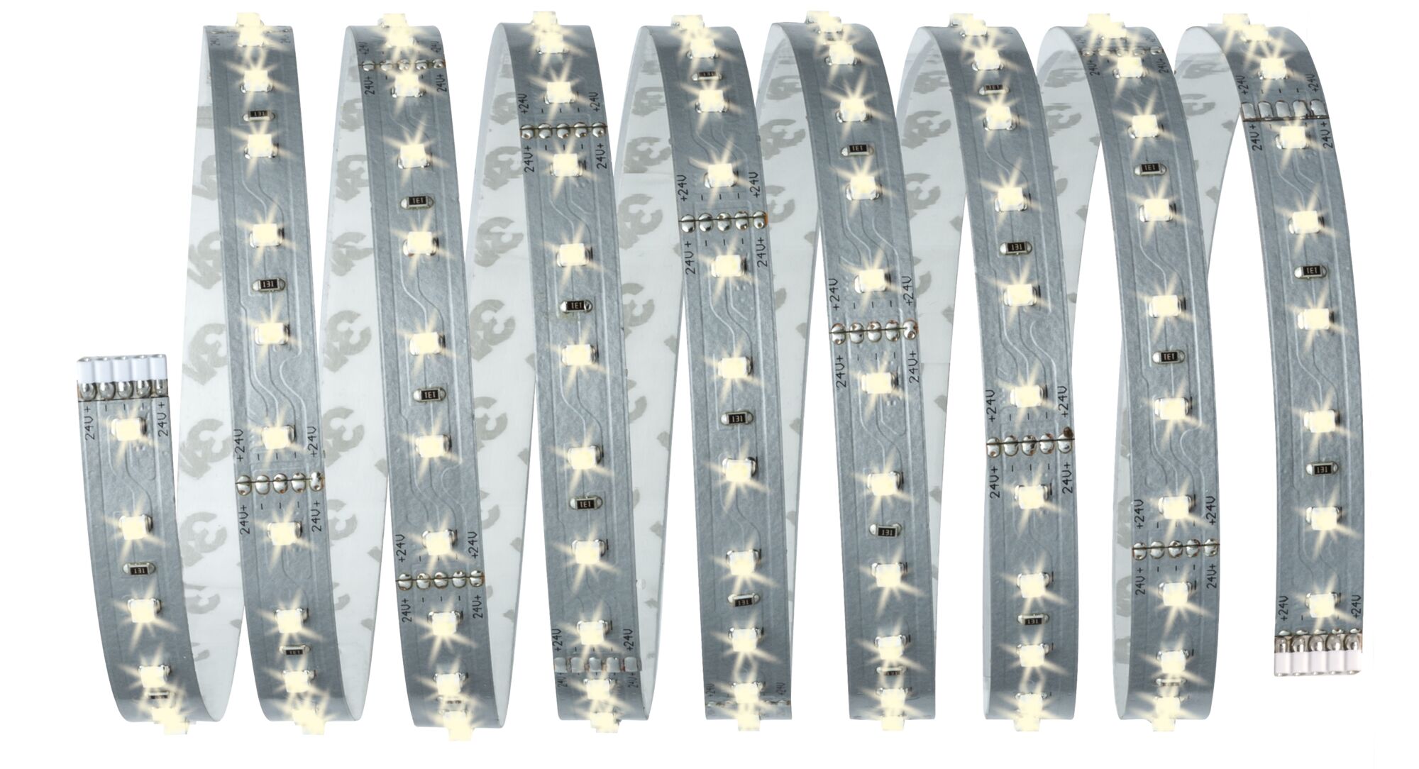 Flexible LED strip with warm white LEDs on silver circuit board for versatile lighting solutions.
