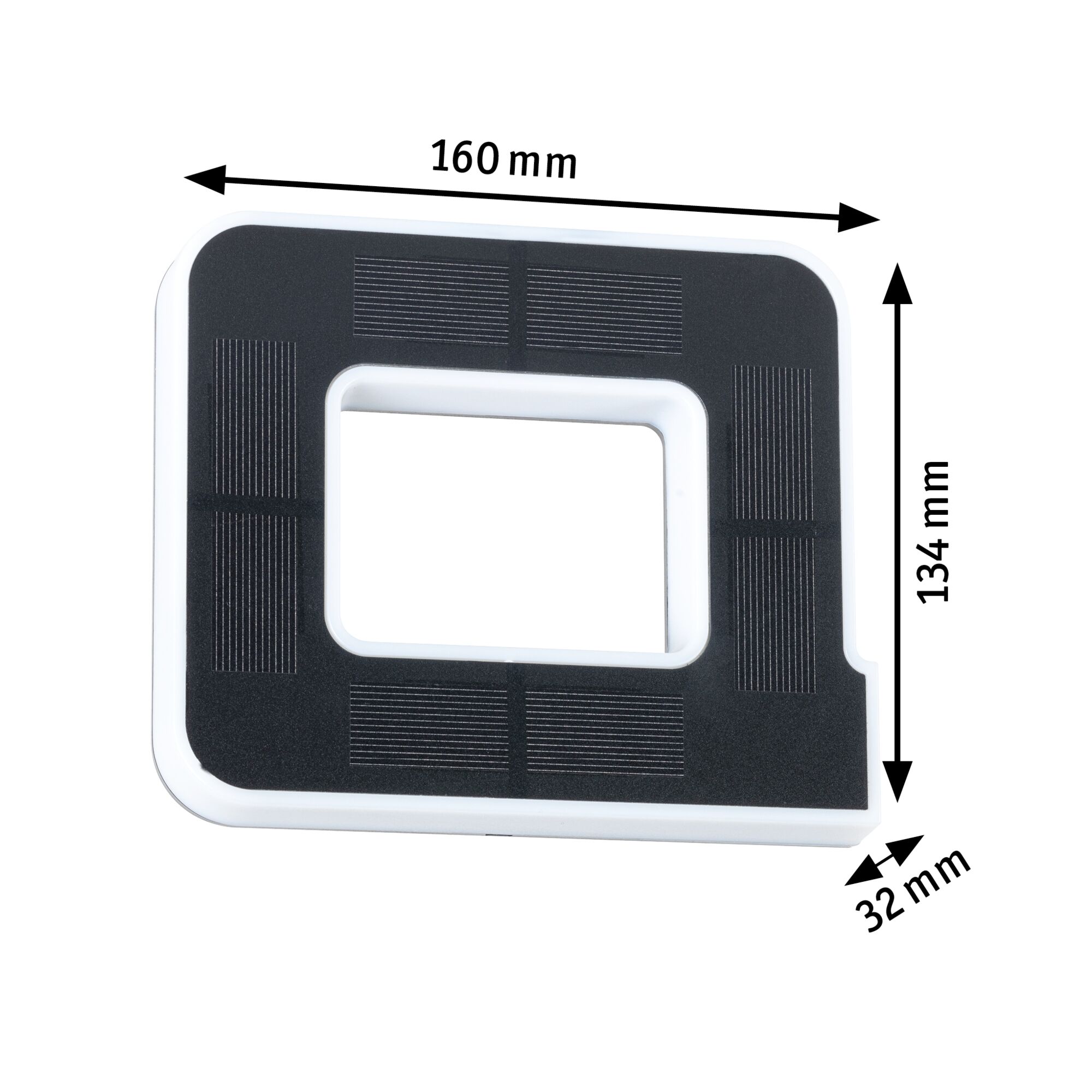 Czarny element z tworzywa sztucznego z białymi krawędziami o wymiarach 160x134x32 mm, część techniczna