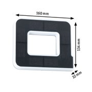 Czarny element z tworzywa sztucznego z białymi krawędziami o wymiarach 160x134x32 mm, część techniczna