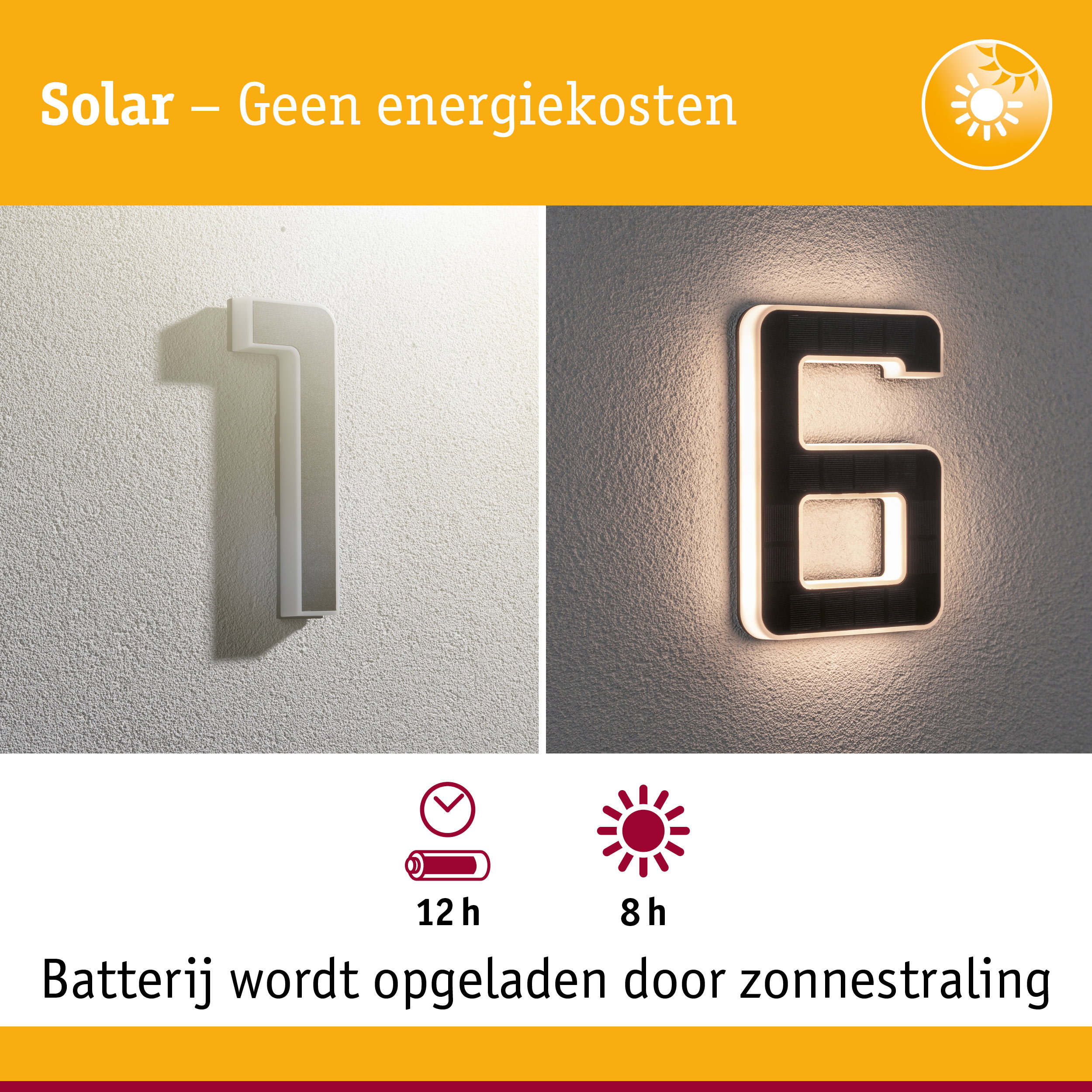 Zonne-energie huisnummer met LED-verlichting in zwart en wit voor energiezuinige buitenverlichting