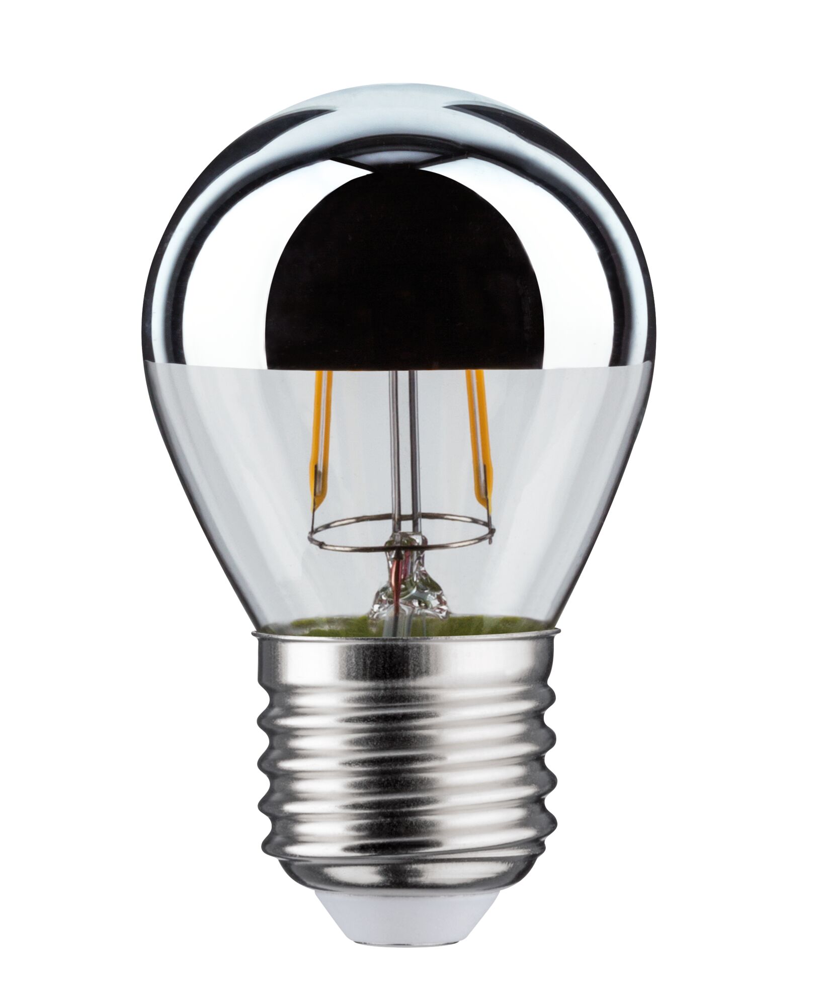 LED-Glühbirne mit silberner Spiegelkappe und transparentem Glas für energiesparende Beleuchtung